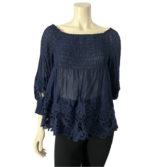 Casting |  Women’s Crochet Trim Smocked Off-The-Shoulder Top Color: Navy - Picture 4 of 17